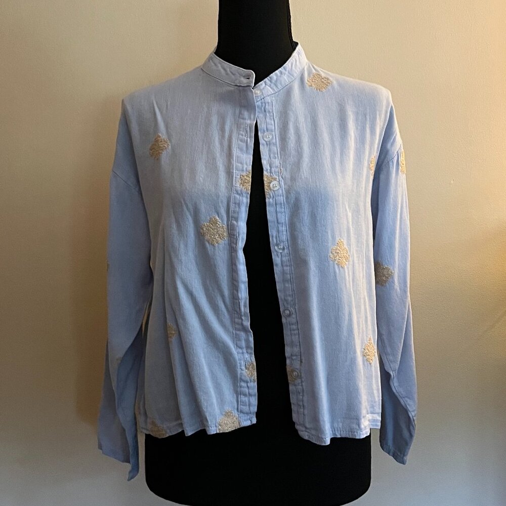 Unique Light Blue Button Down Shirt with Mandarin Collar